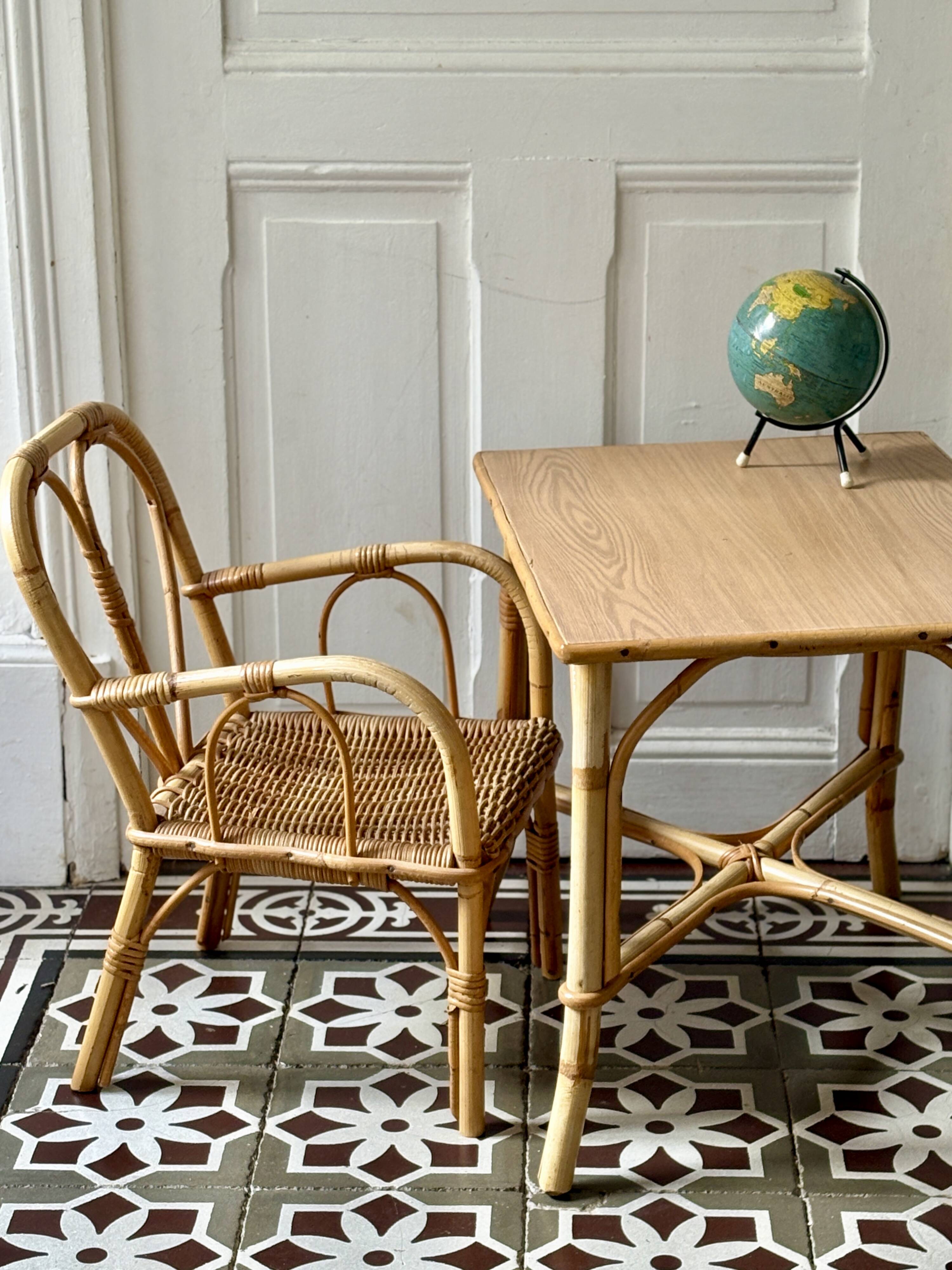 Vintage rattan desk and chair set for children