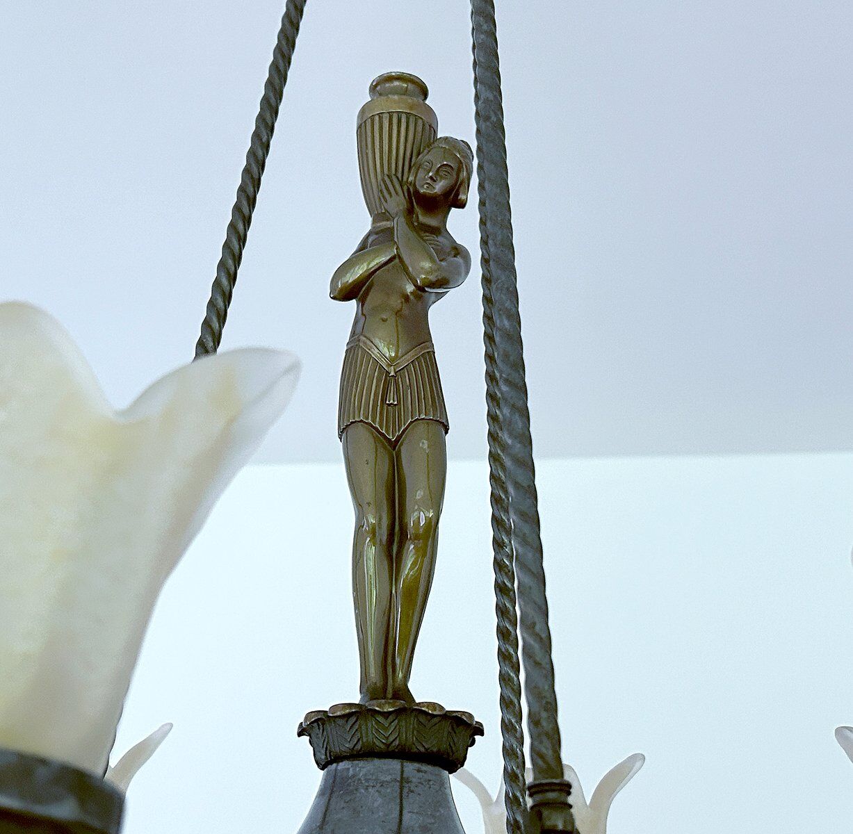 Large Art Deco sculptural chandelier in bronze and glass, 1930s