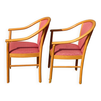 Pair of armchairs in beech and burgundy fabrics