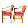 Pair of armchairs in beech and burgundy fabrics