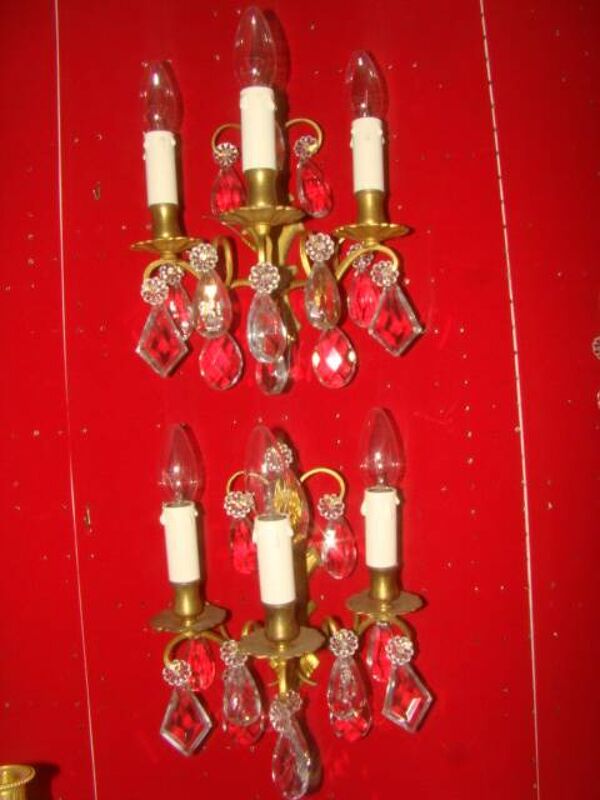 paire d'appliques bronze et cristal à 3 bougeoirs époque début 20 ème