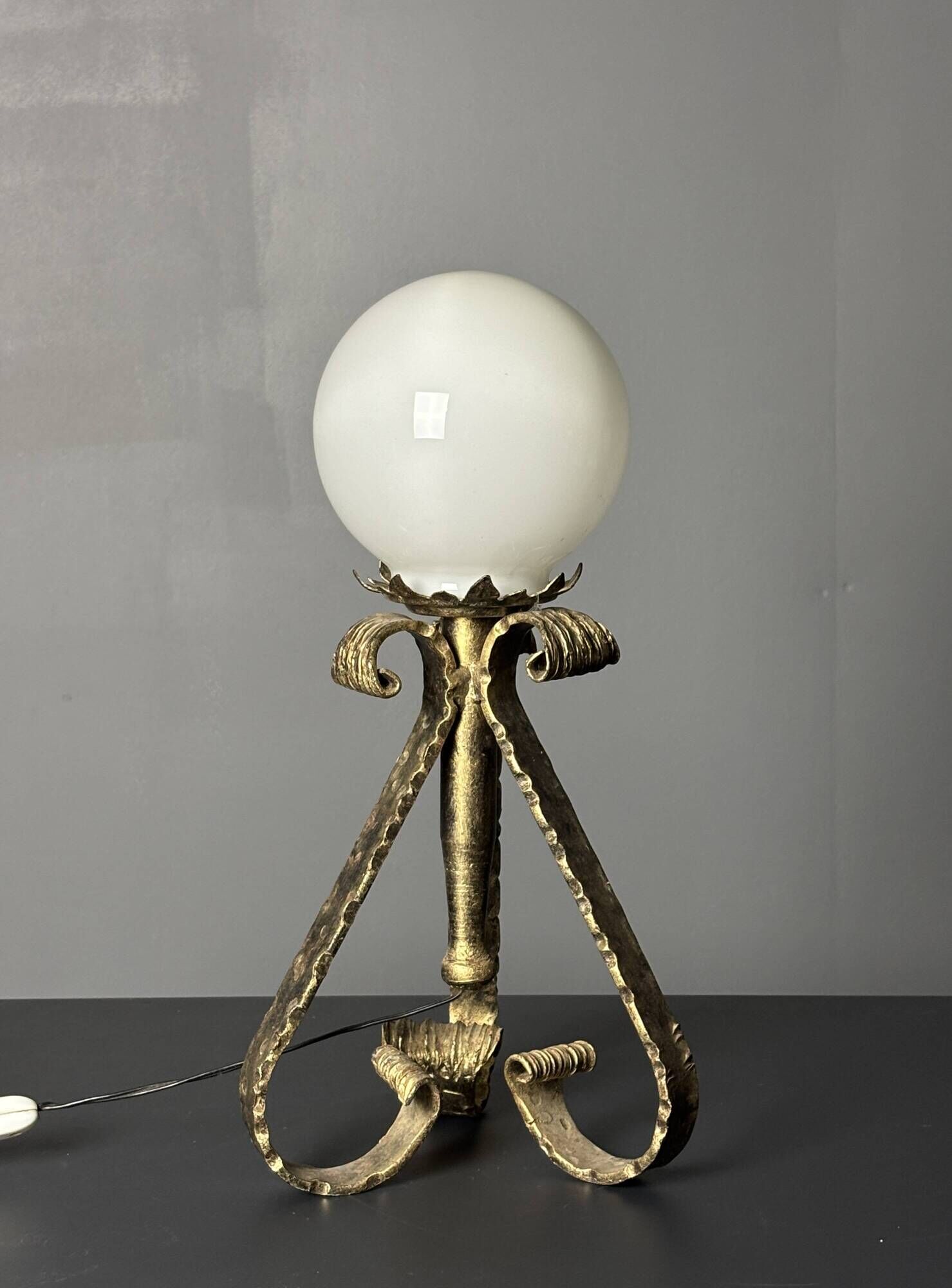 Midcentury brutalist wrought iron and opaline table lamp, Spain ca 1960s