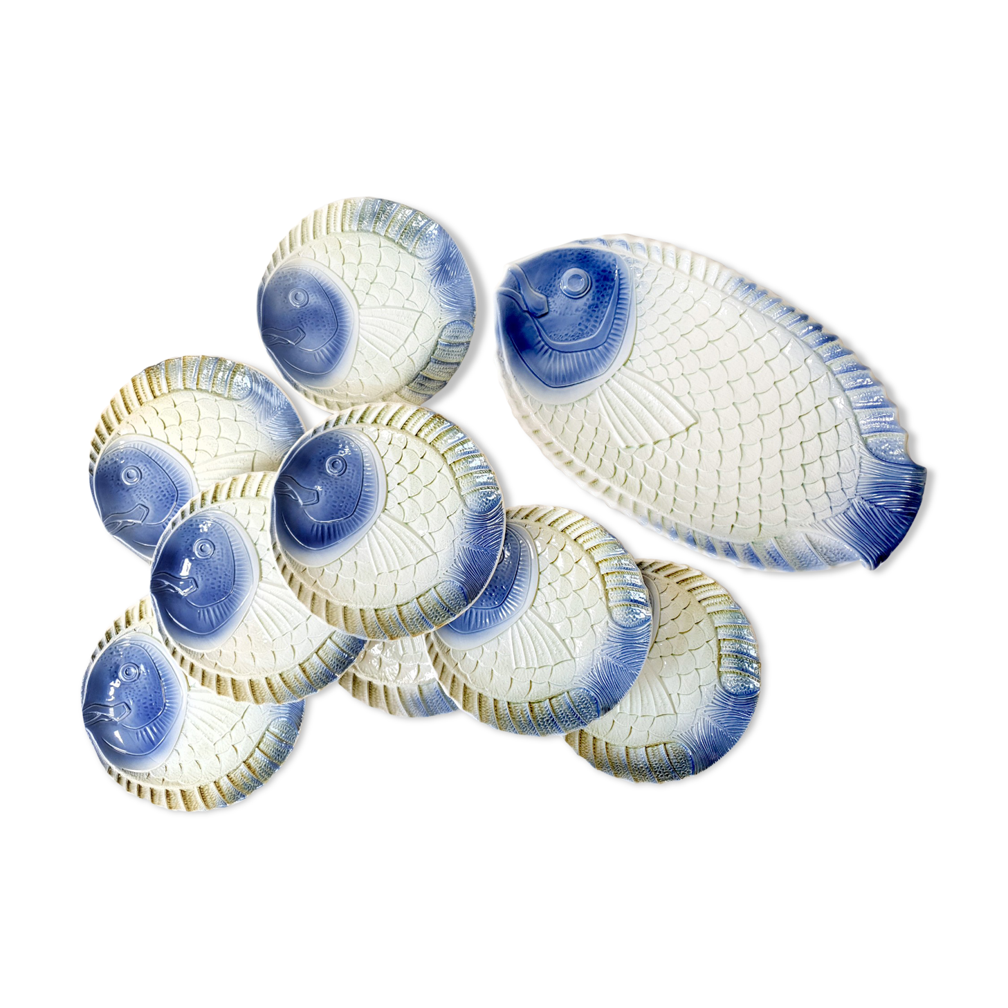 Fish service 8 plates and a large dish / Manufacture française Sarreguemines