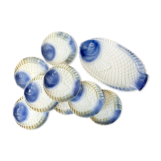 Fish service 8 plates and a large dish / Manufacture française Sarreguemines