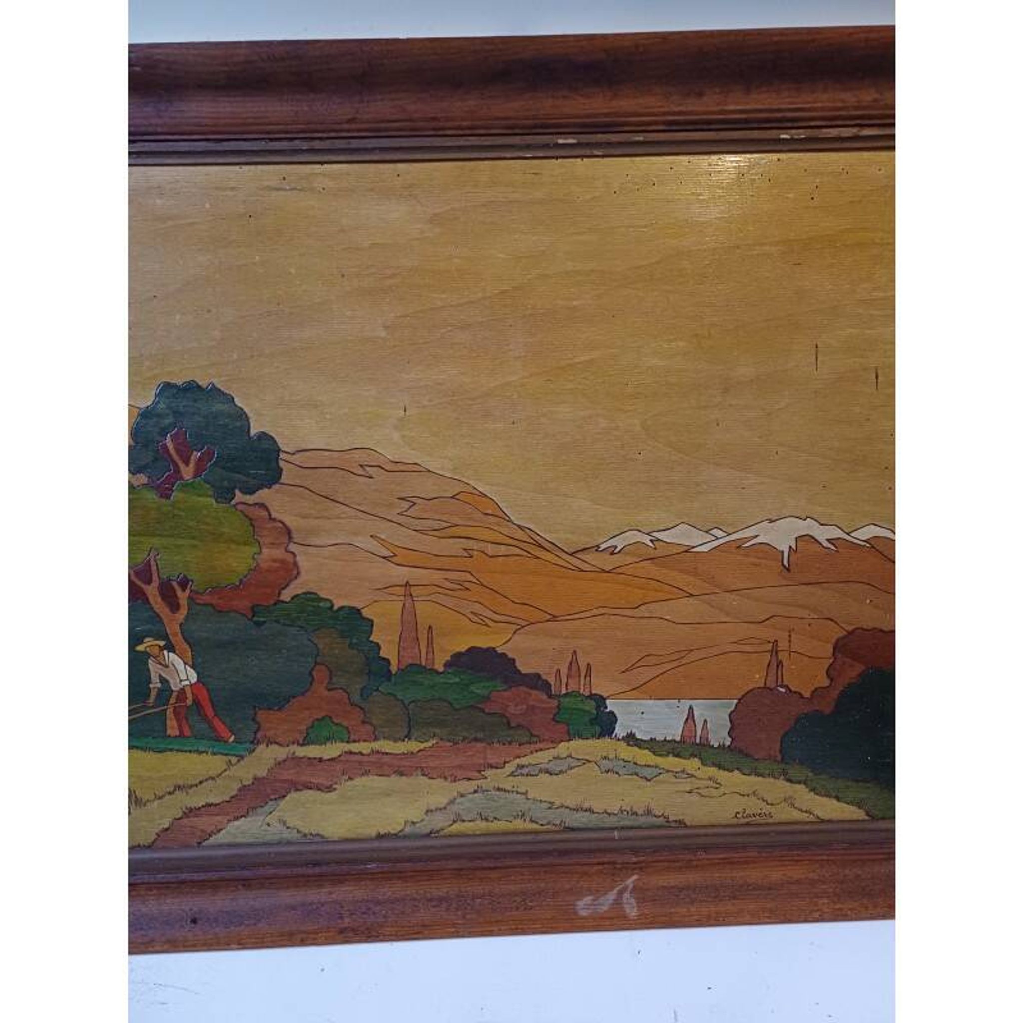 Tableau bois peinture vernie signée Clavere