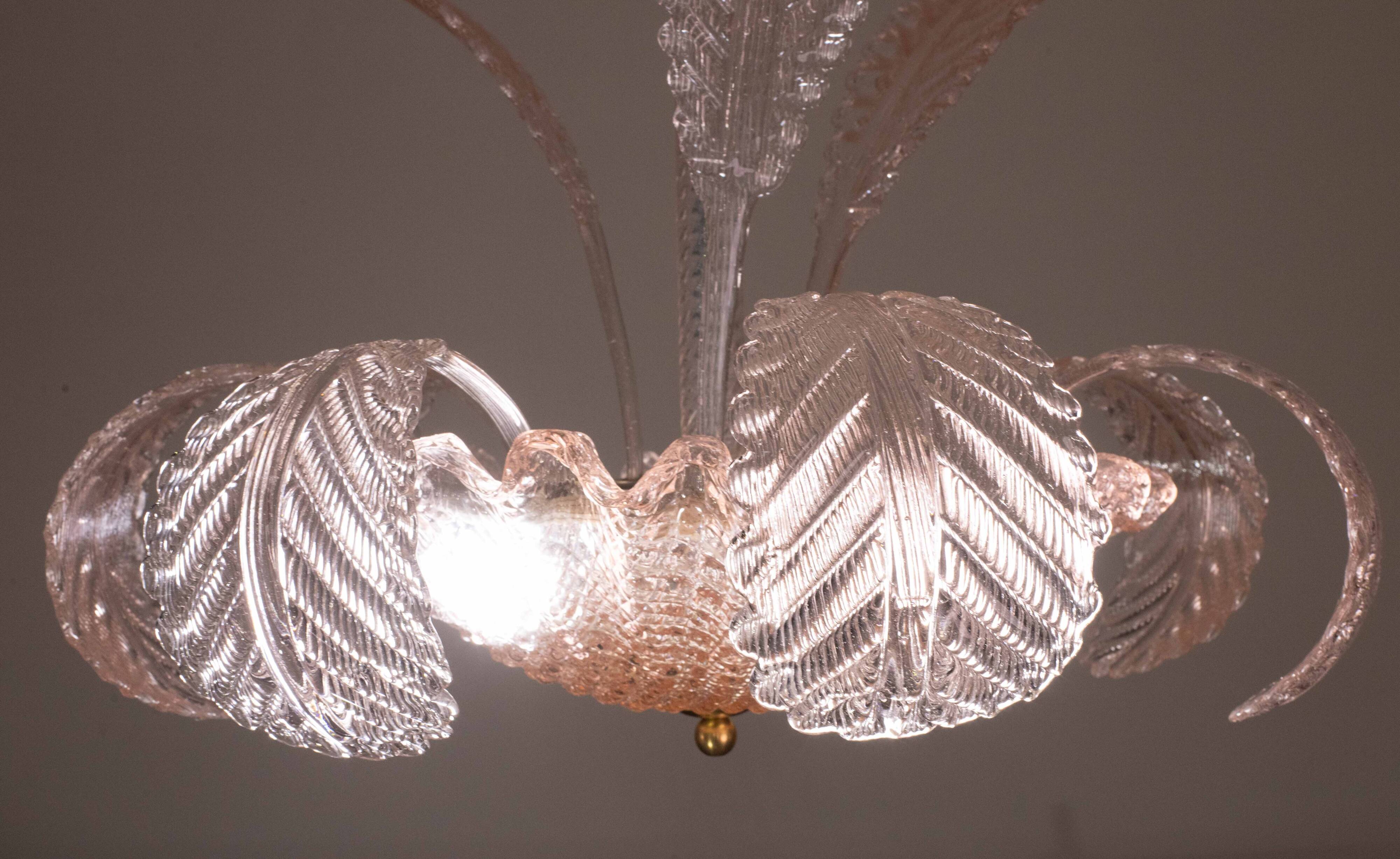 Pink Art Decò Barovier e Toso Chandelier, Murano Glass, 1950s