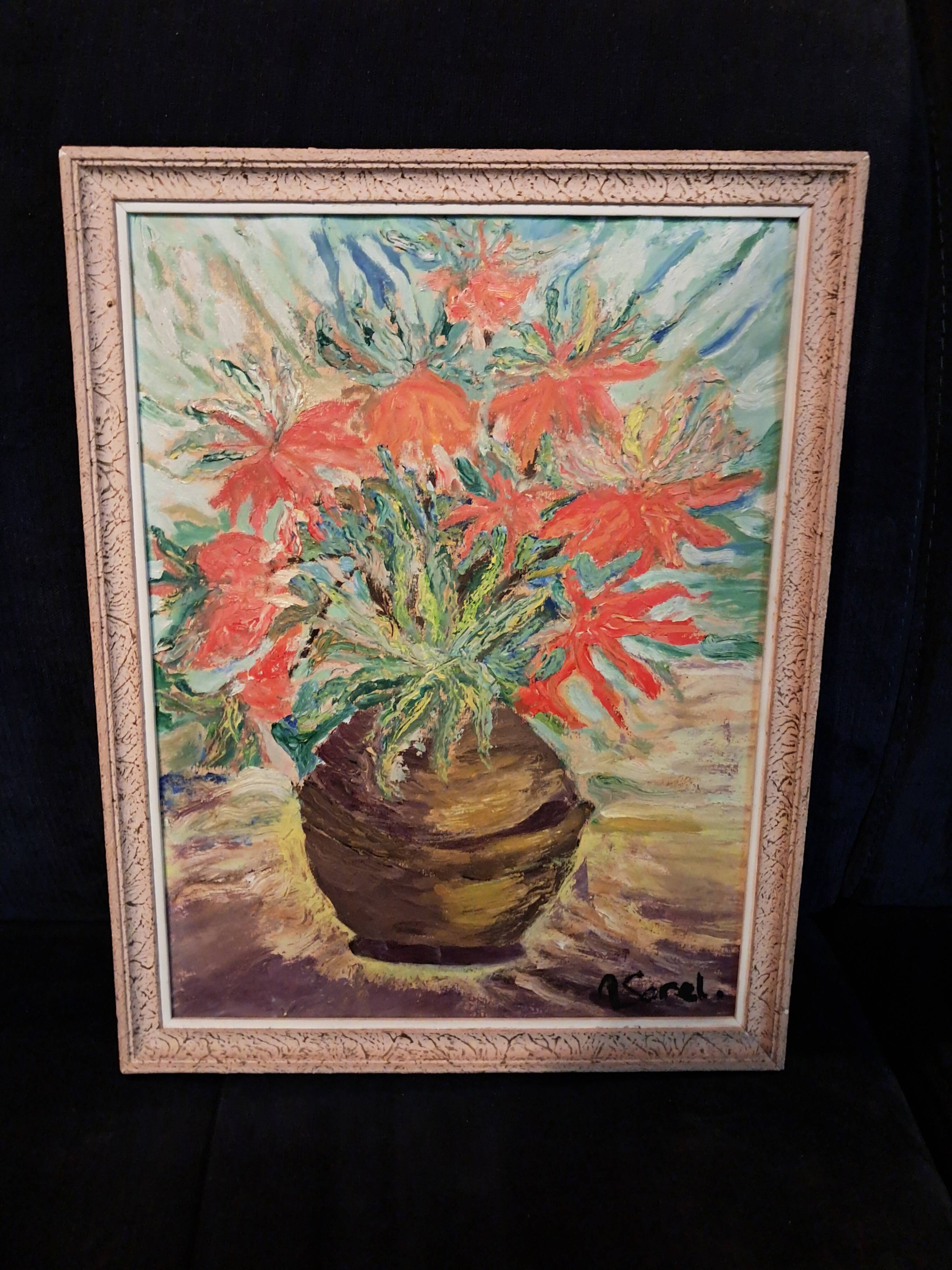 Tableau ancien à l'huile représentant un bouquet de fleurs