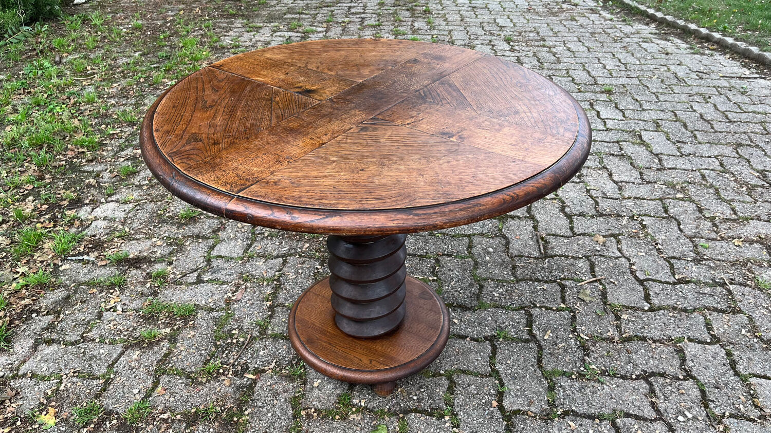 Pedestal table oak screw vintage press