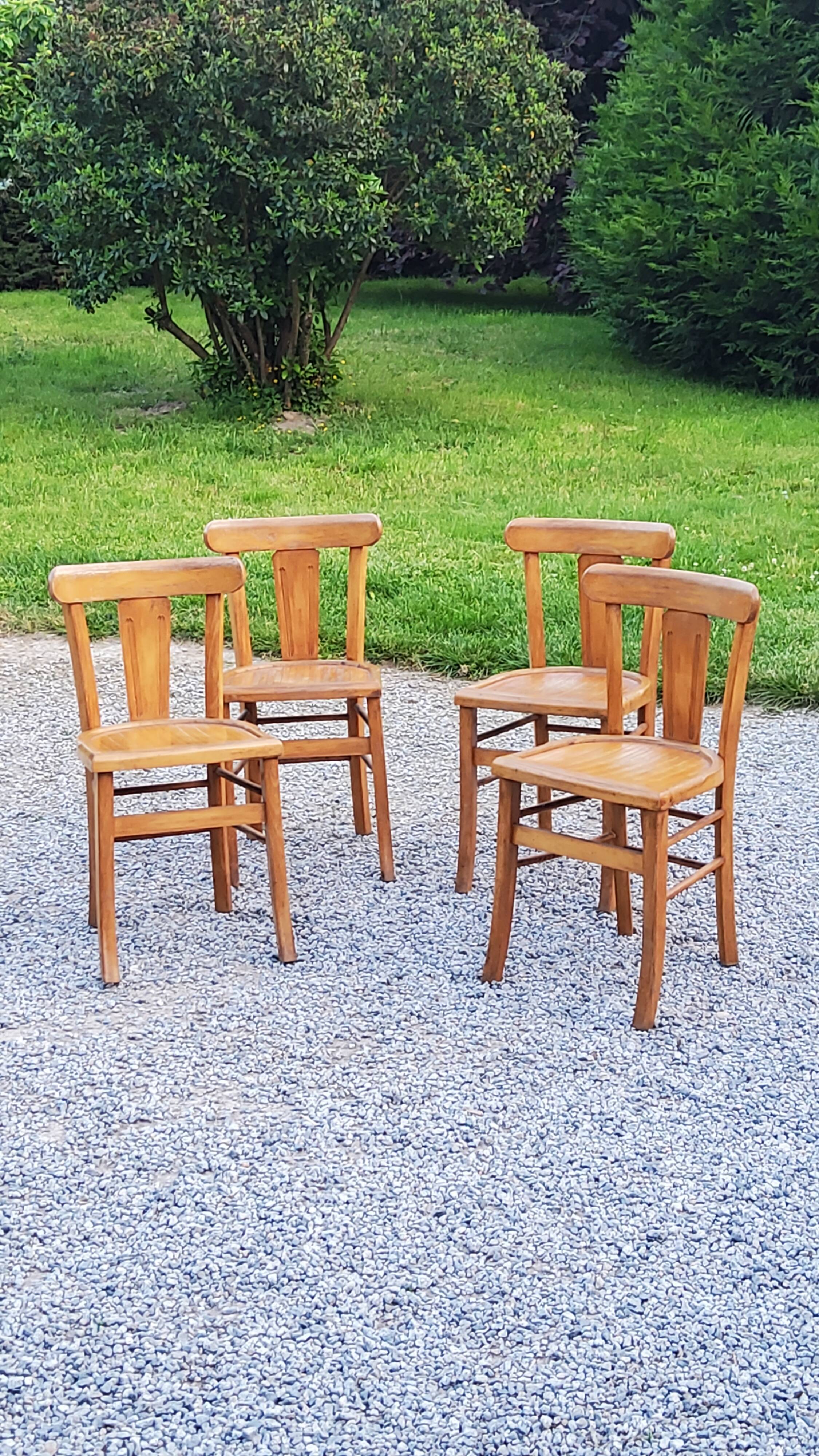 Set of 4 bistro chairs in beech and blond oak from the 50s