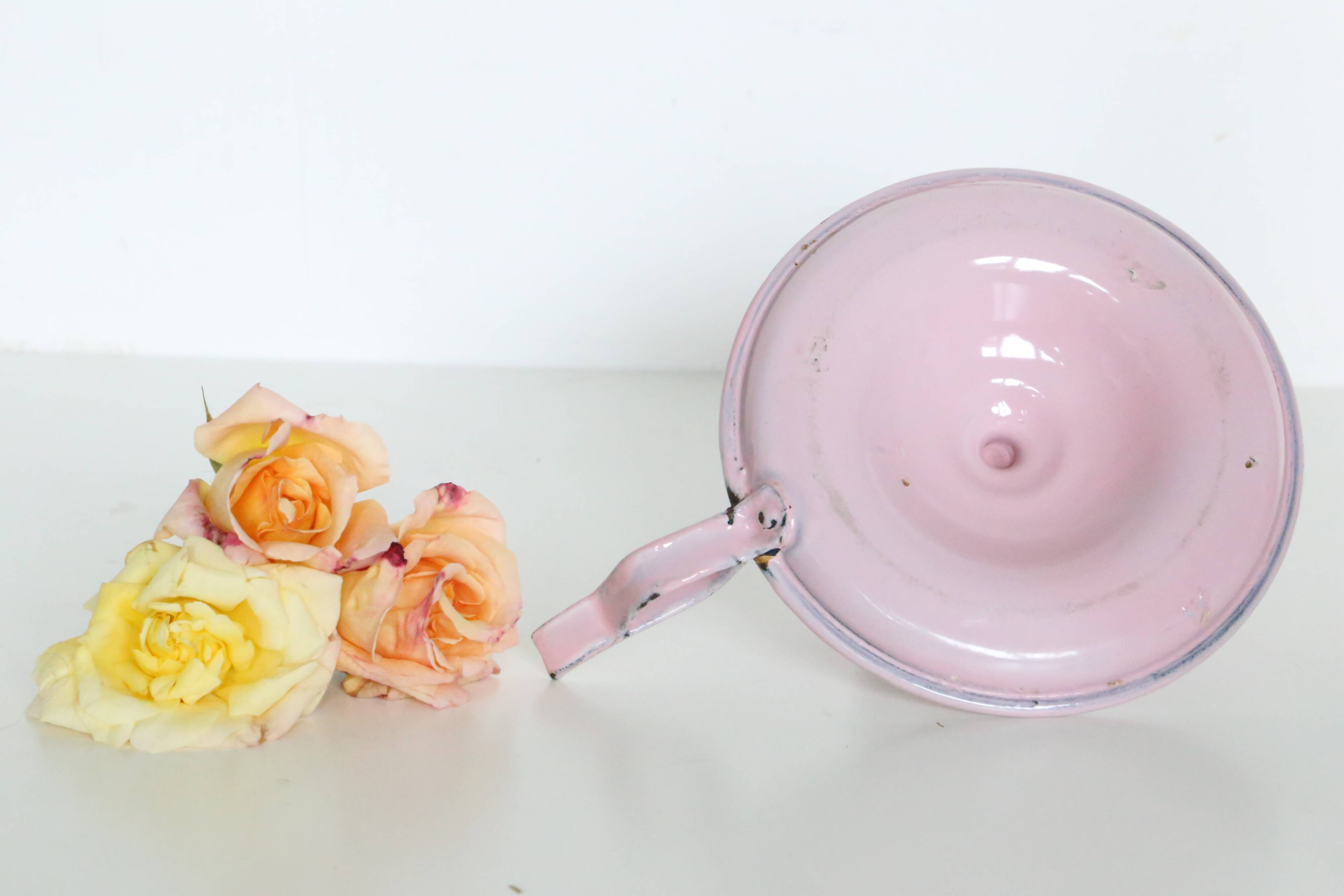 Pink cellar rat candleholder, enamelled metal, vintage