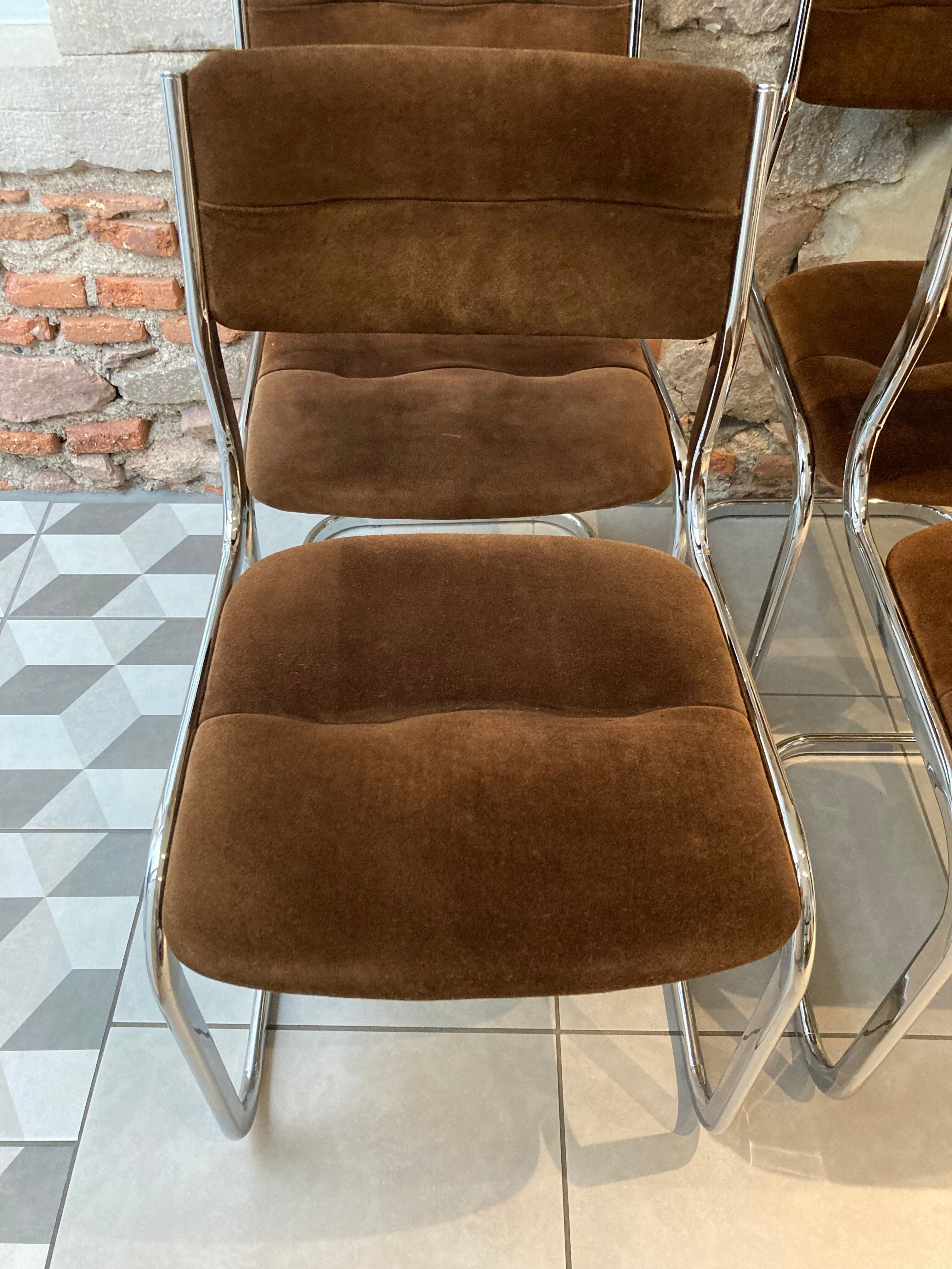 Set of 4 chairs chrome and suede 70s