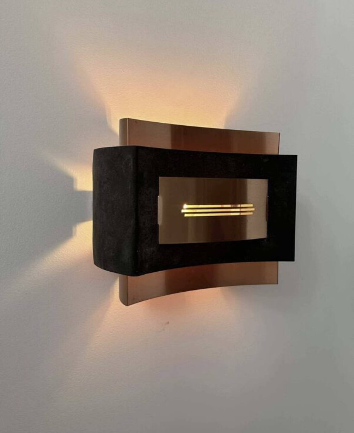 Pair of vintage wall lights, matte black metal and copper, Netherlands 1960