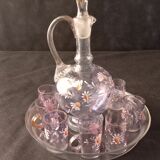Liquor decanter and 7 matching glasses