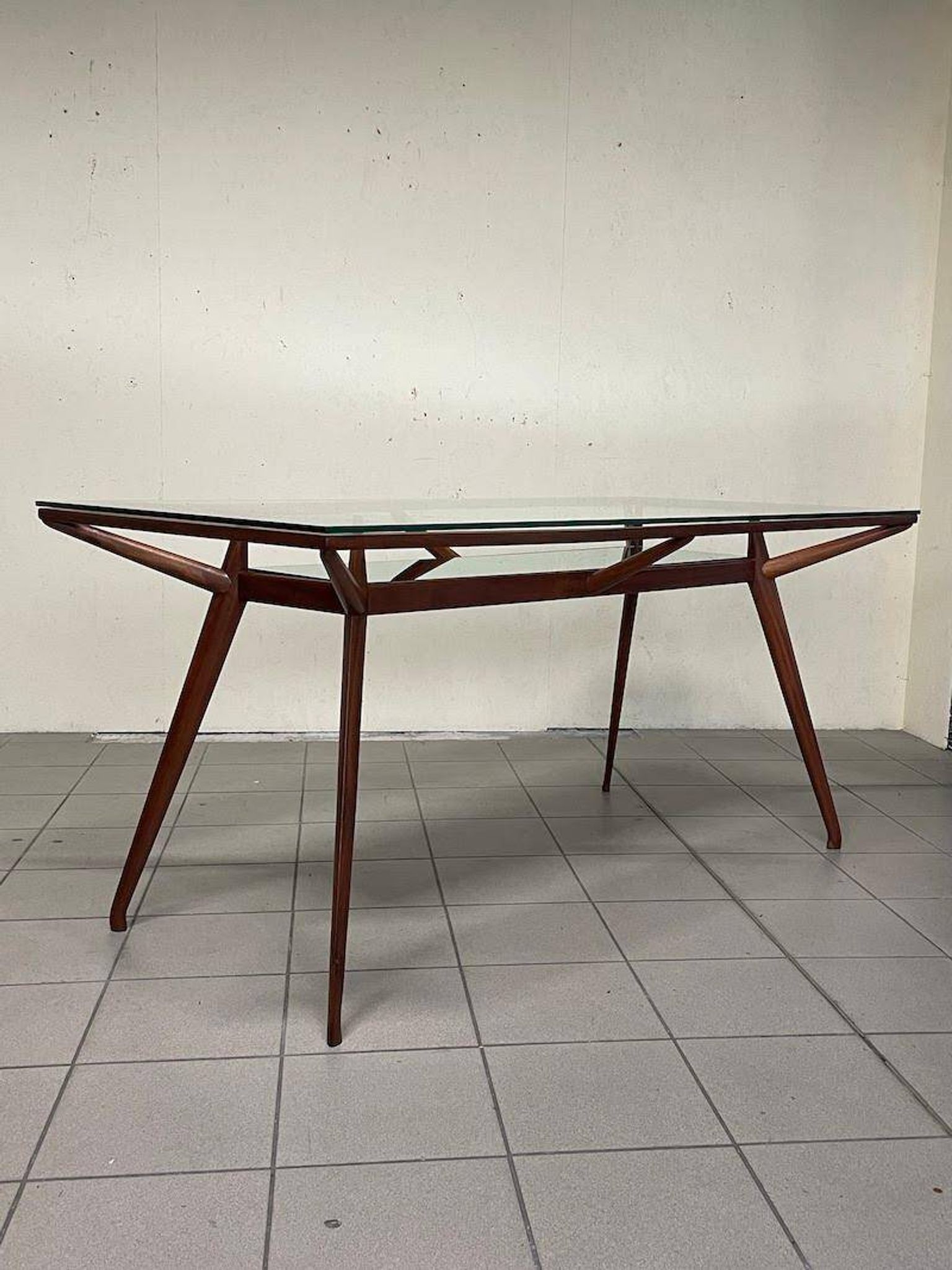 1950s Italian Wooden Table with Double Glass Top