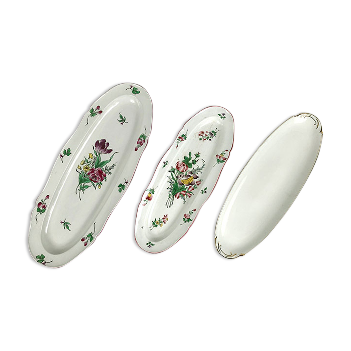 Series of three fish dishes, Lunéville earthenware and Limoges porcelain