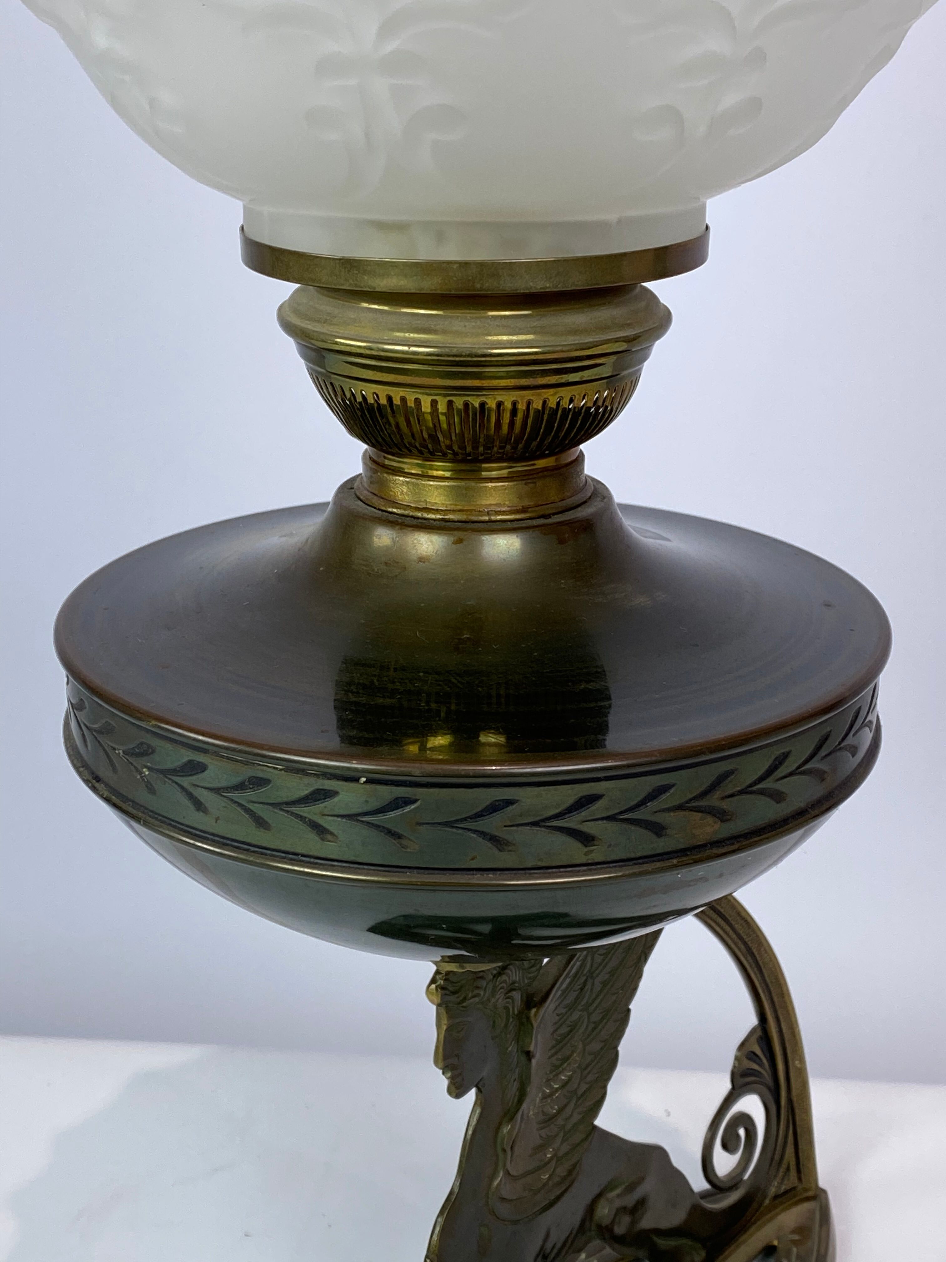 Kerosene lamp in the style in Art Noveau of burnished brass, 1920s