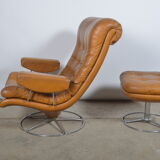 Fauteuil pivotant et son ottoman en cuir