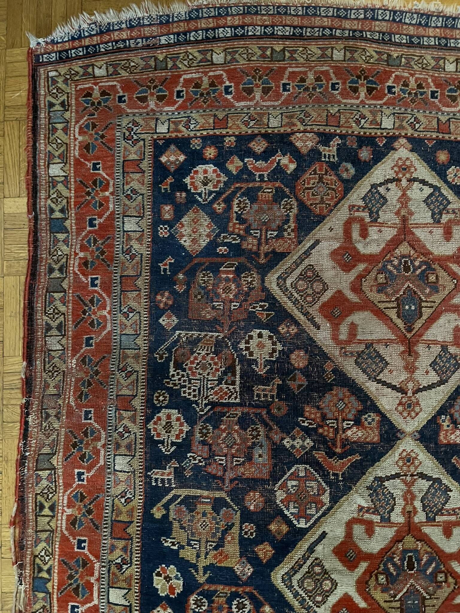 Antique handmade Persian Qashqai nomadic rug – blue background 94x112cm