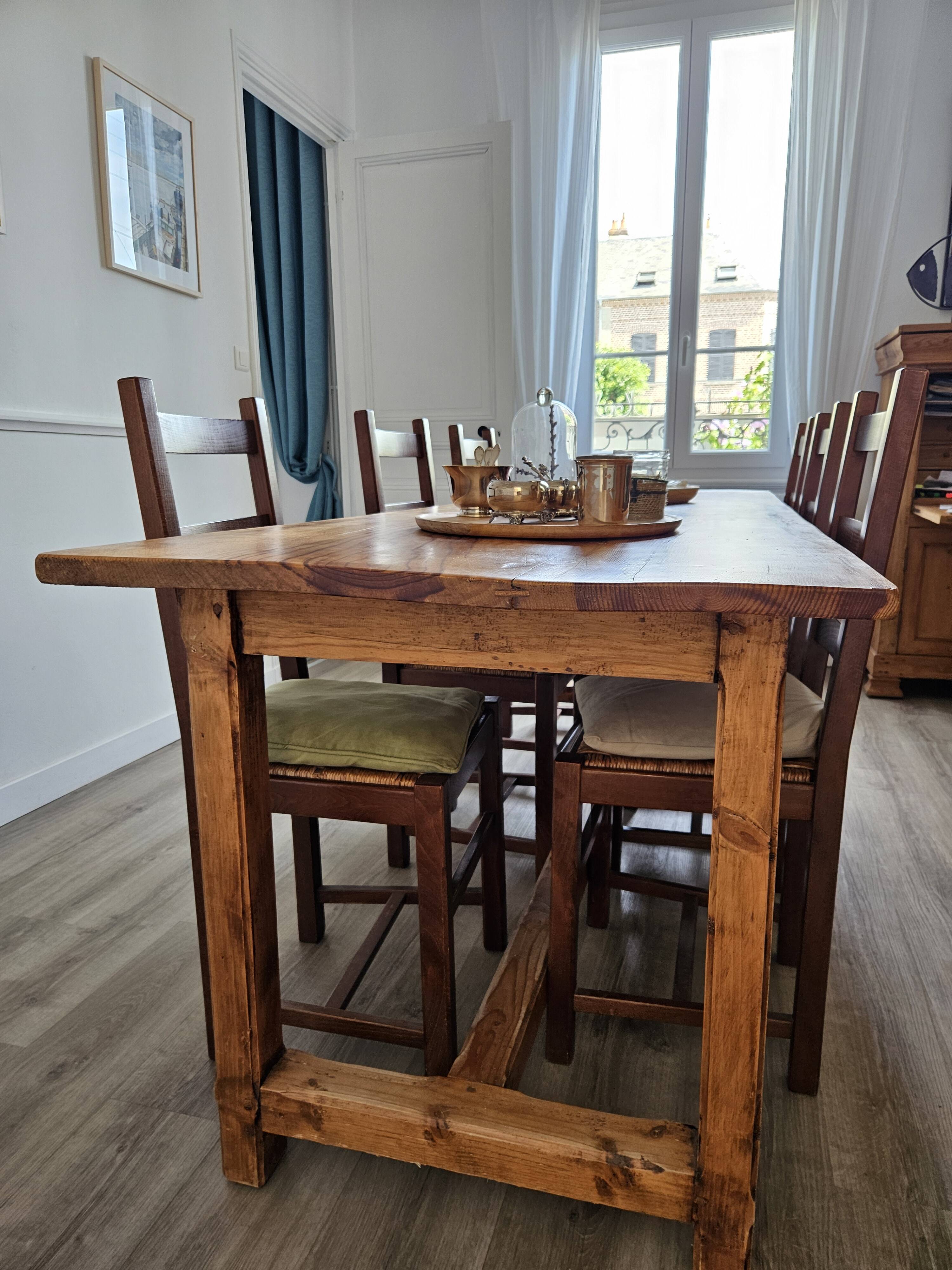 table de ferme pin massif + 6 chaises paillées