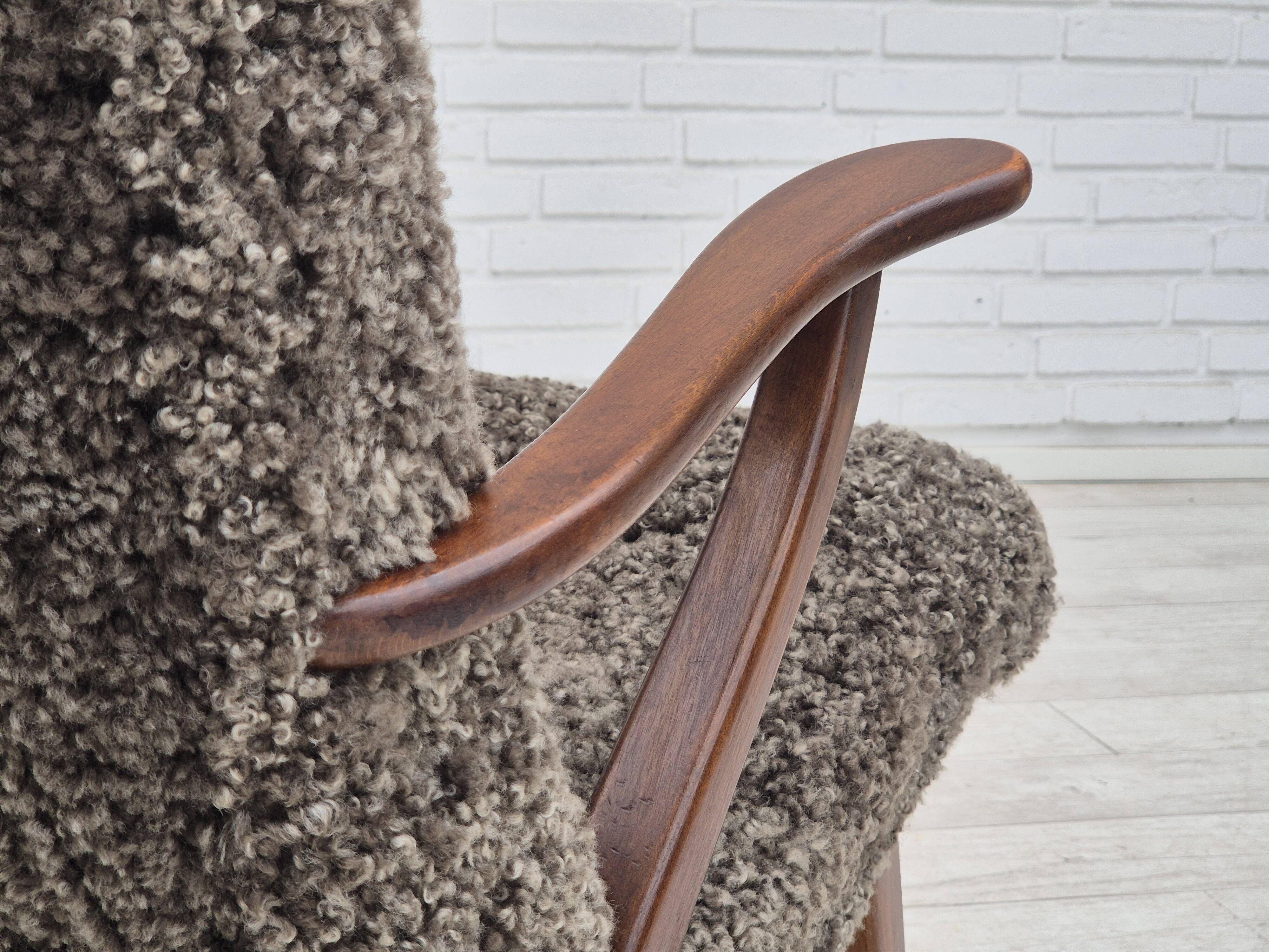 60s, Danish design, refurbished armchair, genuine sheepskin "Wellington".