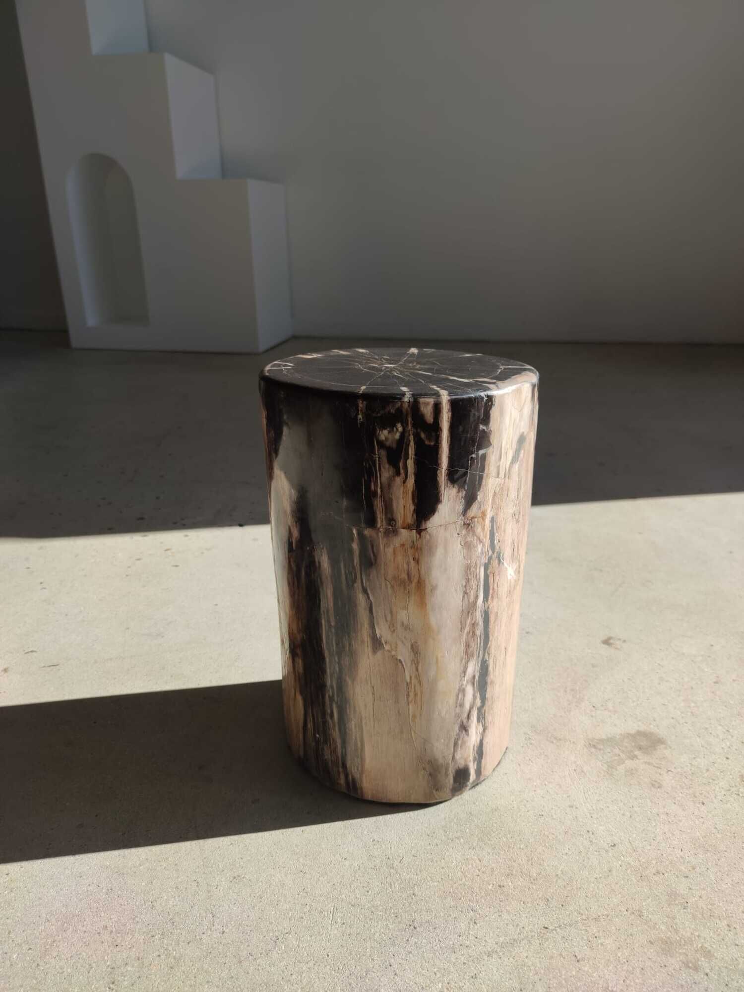 Table d'appoint en bois pétrifié noir et blanc - H:40,5cm D:25cm