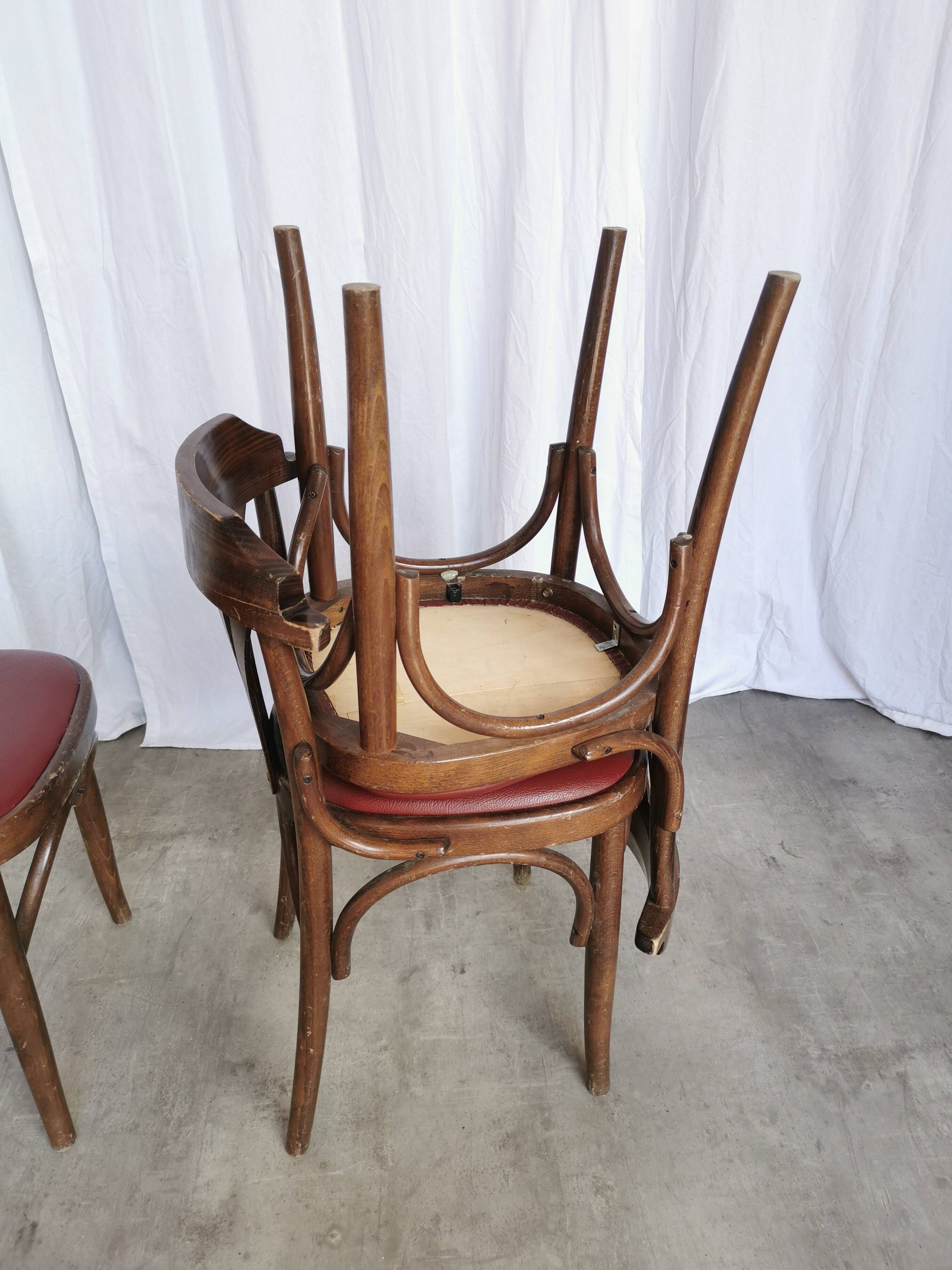 Vintage Bentwood Dining Chairs - Thonet Style - Red Faux Leather - Set of 4