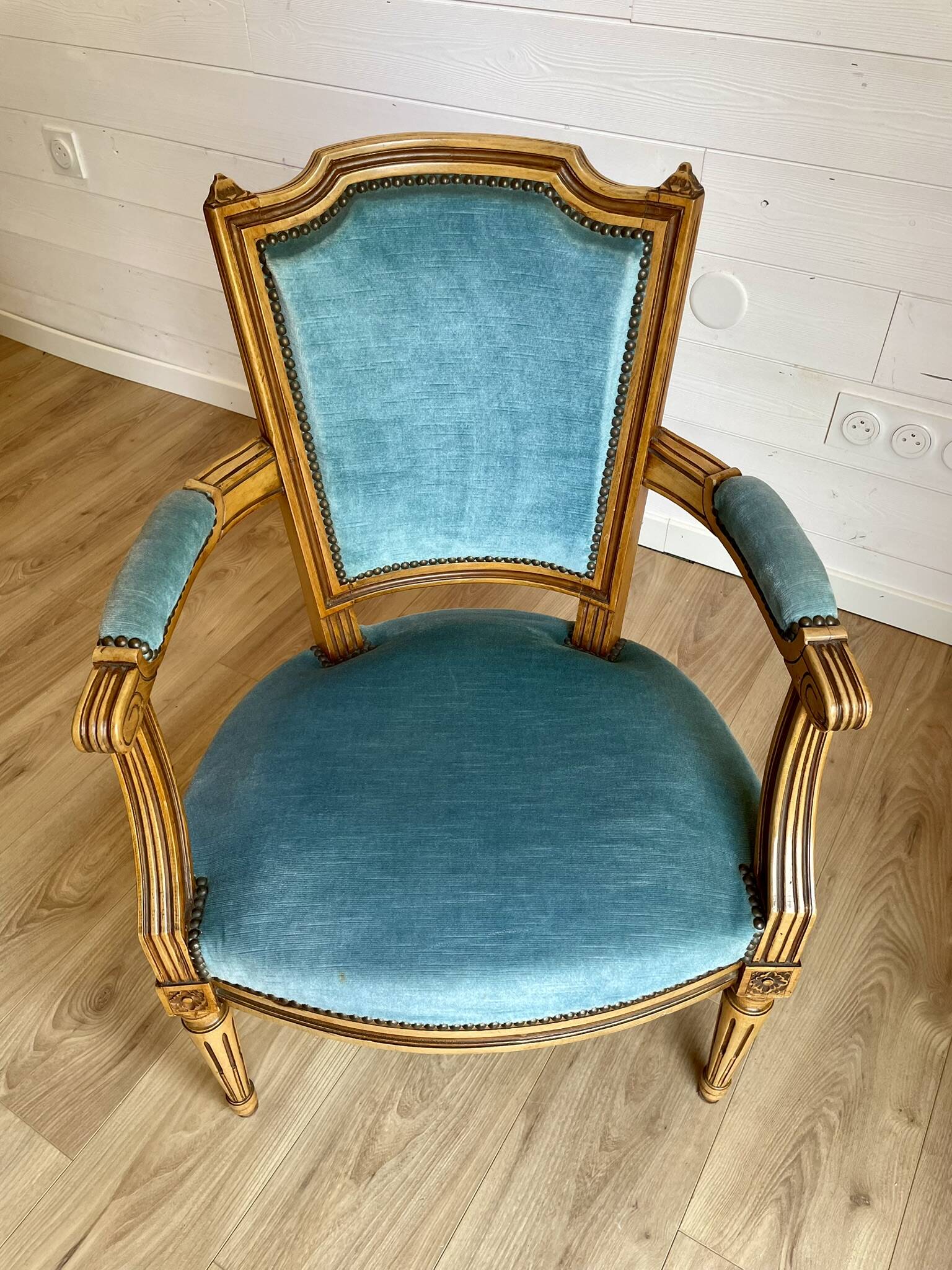 Pair of Louis XVI vintage cabriolet armchairs in duck blue velvet and wood.