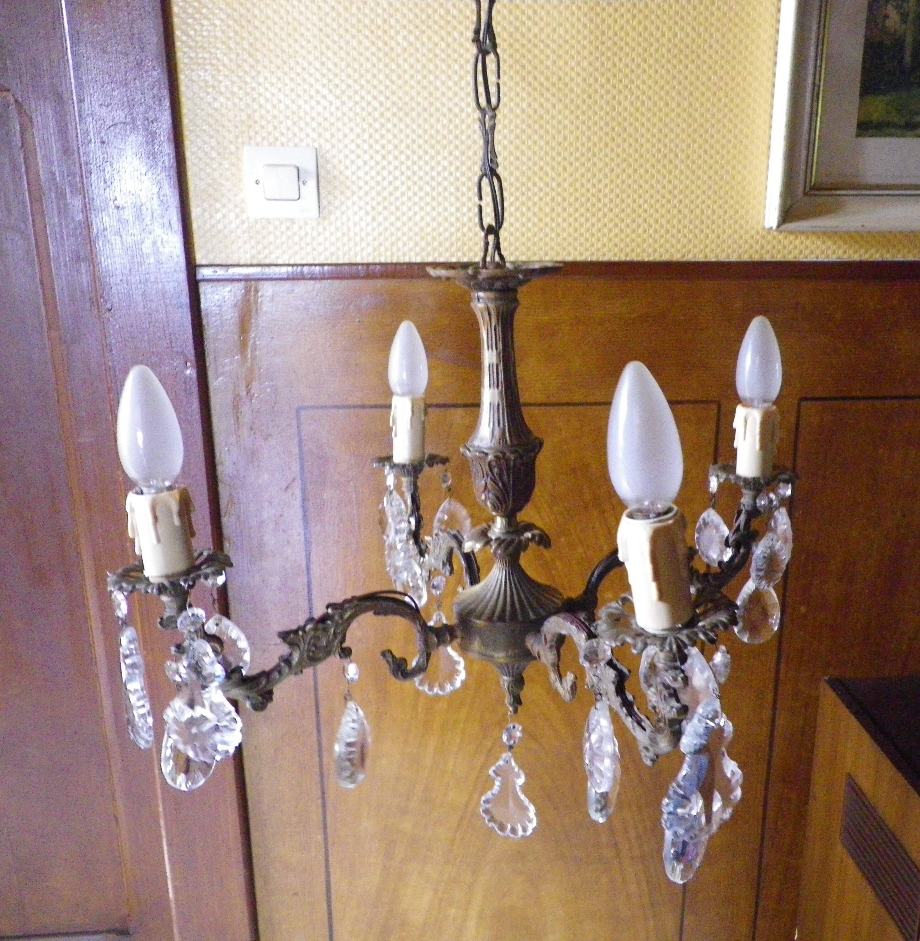 Rococo chandelier with crystal pendants, 4 lights, brass and metal 1950/1960