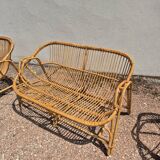 Rattan lounge two armchairs and a vintage bench 1950s