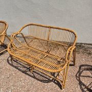 Rattan lounge with two armchairs and a vintage 1950s bench.