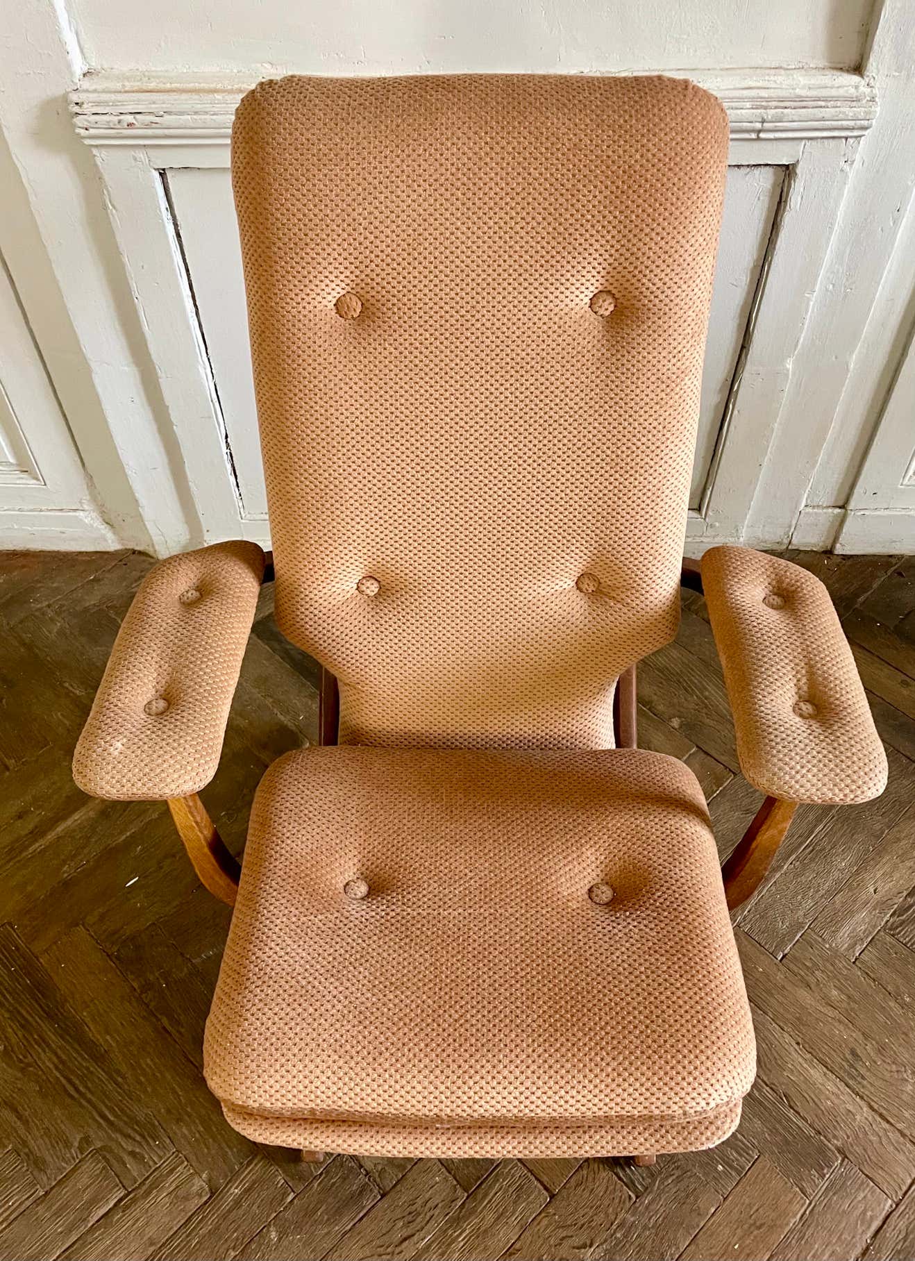 Folding armchair relax vintage wood and velvet with armrests - 70's