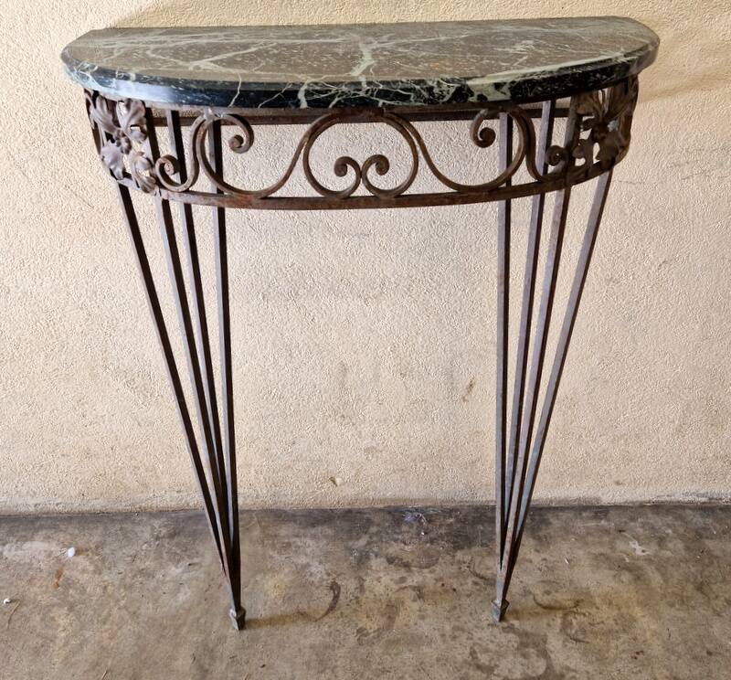 Half moon console - Wrought iron and green marble top - Design 1940