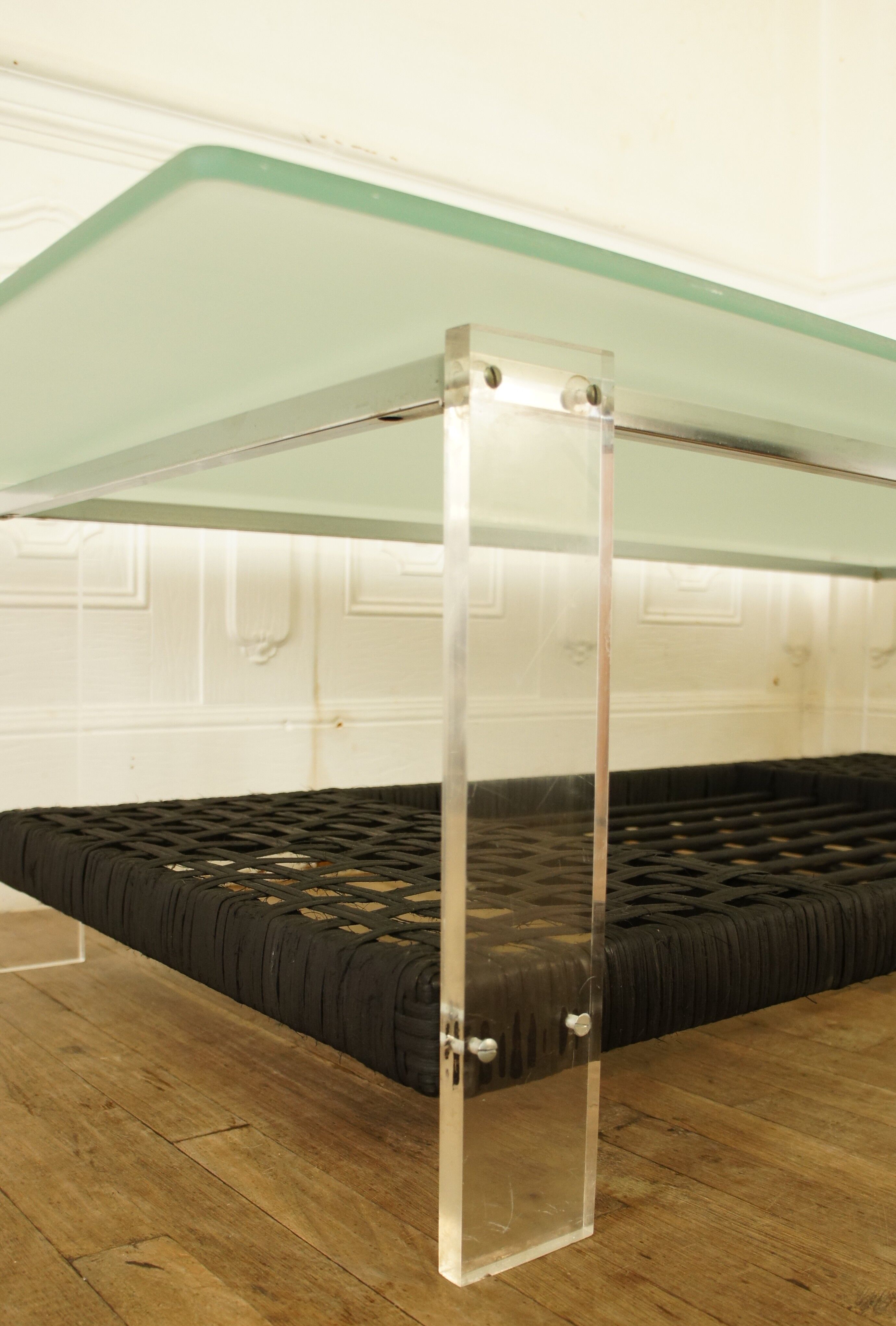 Rattan coffee table, plexiglass, frosted glass - chrome