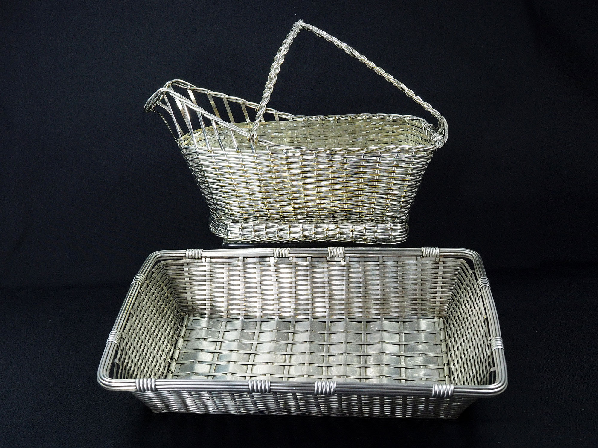 Christofle France Wine Basket Bottle Holder & Bread Basket Vannerie-Mid Century