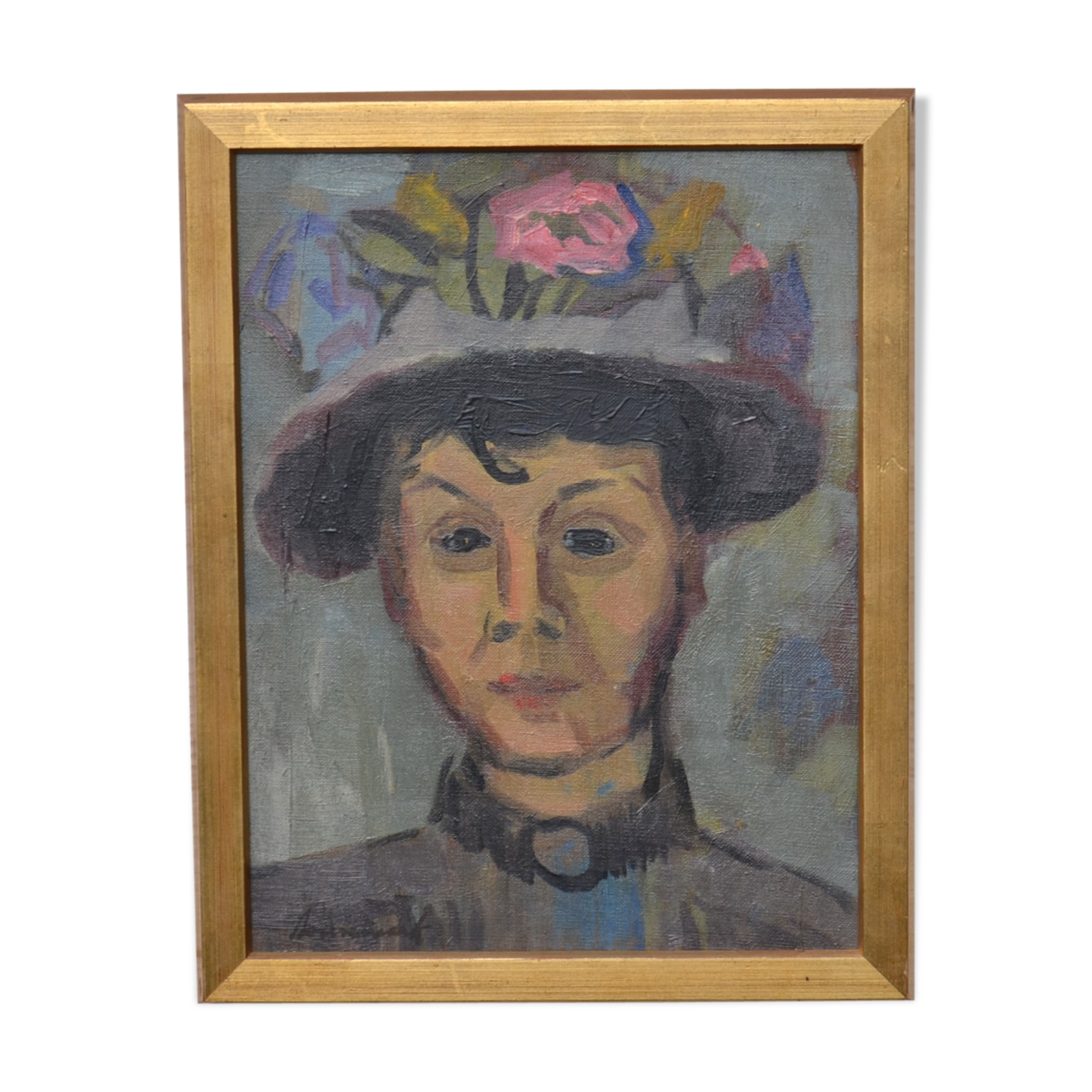 Oil portrait woman in hat with flouvers, framed