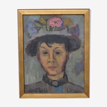 Portrait à l'huile encadré "Femme au chapeau de fleurs"