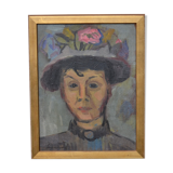 Oil portrait woman in hat with flouvers, framed