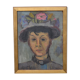 Oil portrait woman in hat with flouvers, framed