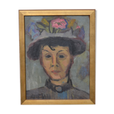 Oil portrait woman in hat with flouvers, framed