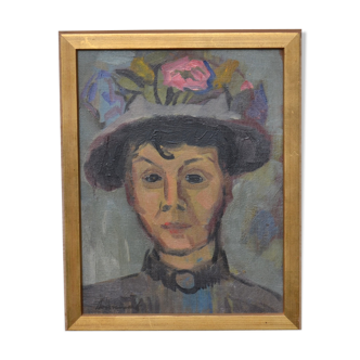 Portrait à l'huile encadré "Femme au chapeau de fleurs"