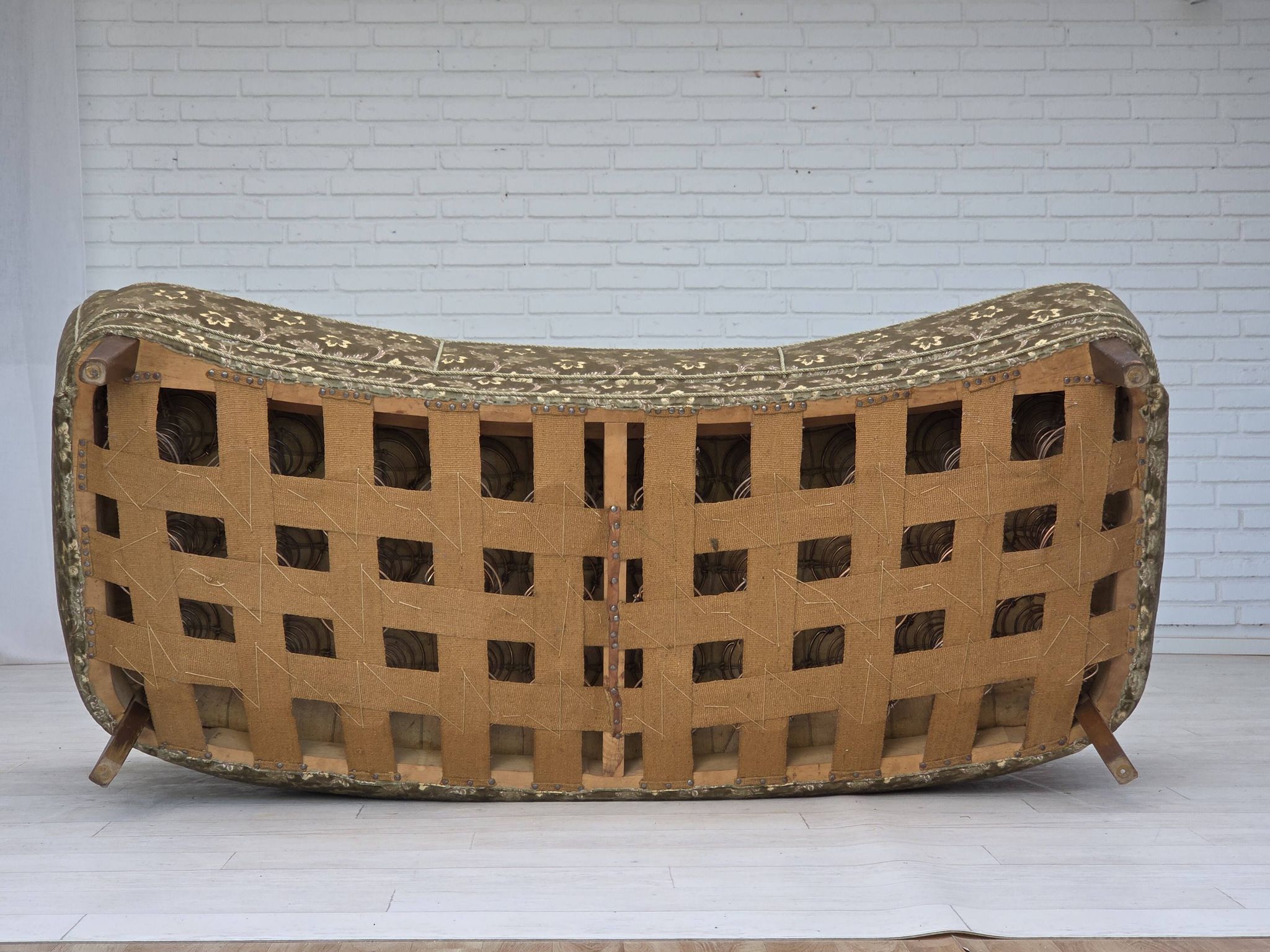 1960s, Danish 3-seater curved sofa, furniture velour, beech wood legs.