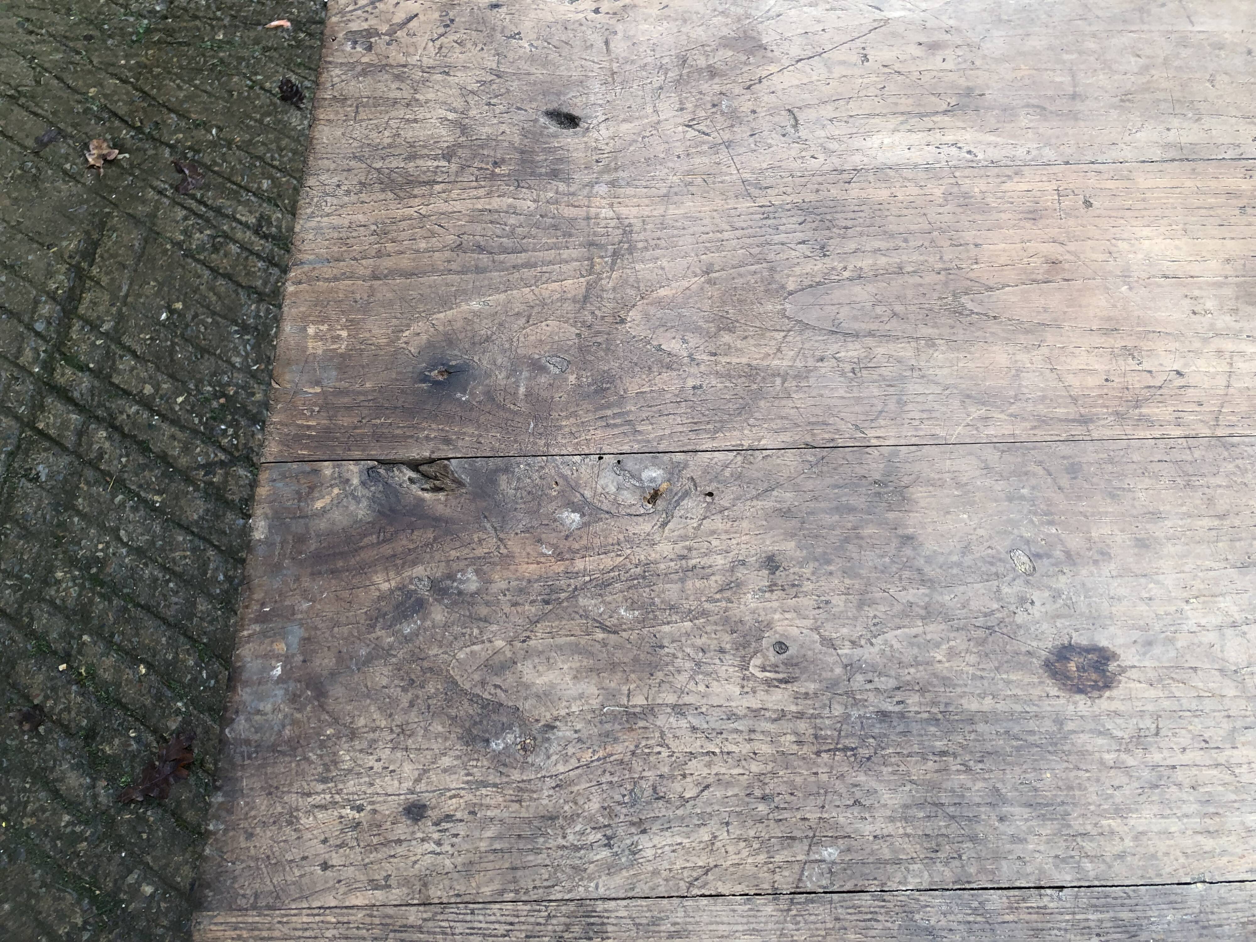 Antique farmhouse table in solid oak with tapered legs and 1 drawer at the end.