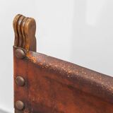 Set of 6 dining chairs in wood and brown leather, late 19th century