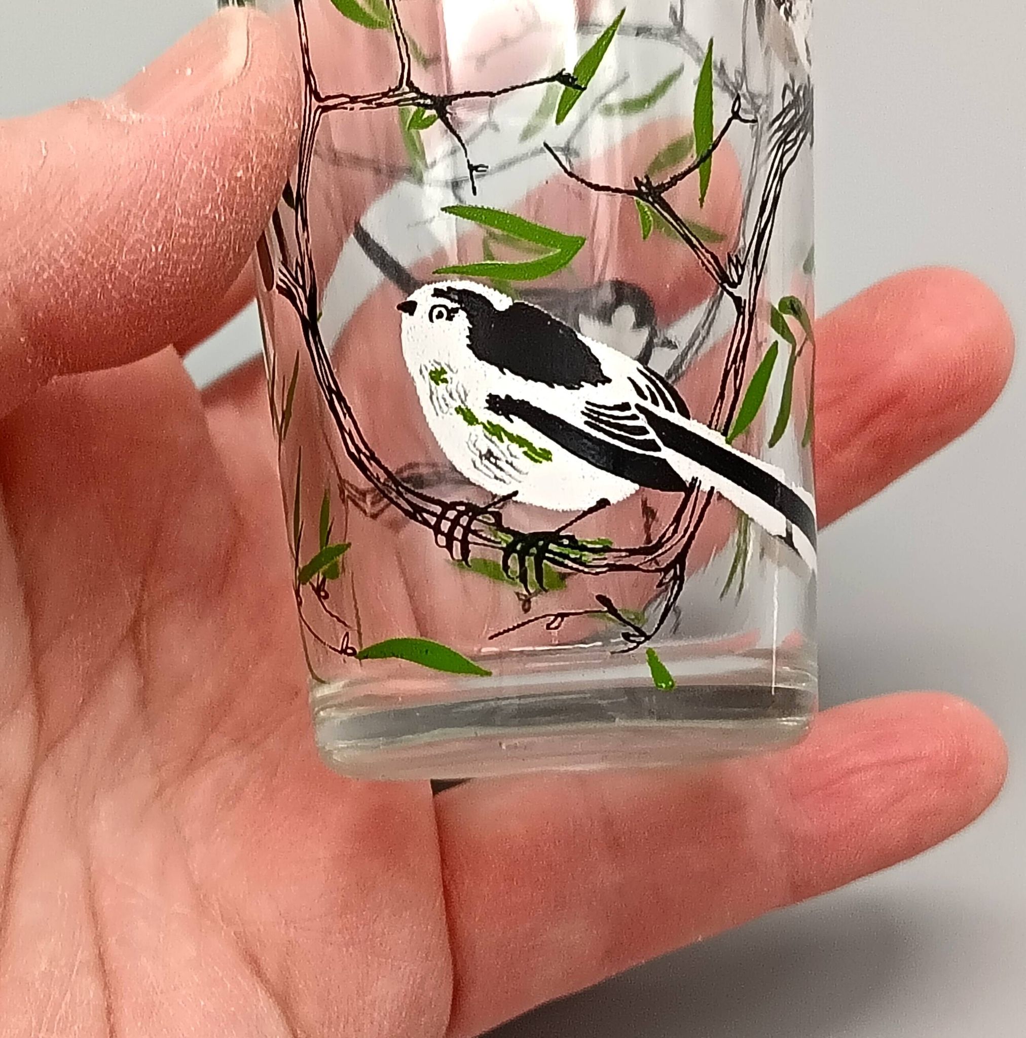5 verres à décor d'oiseaux sérigraphiés, 1960-1970