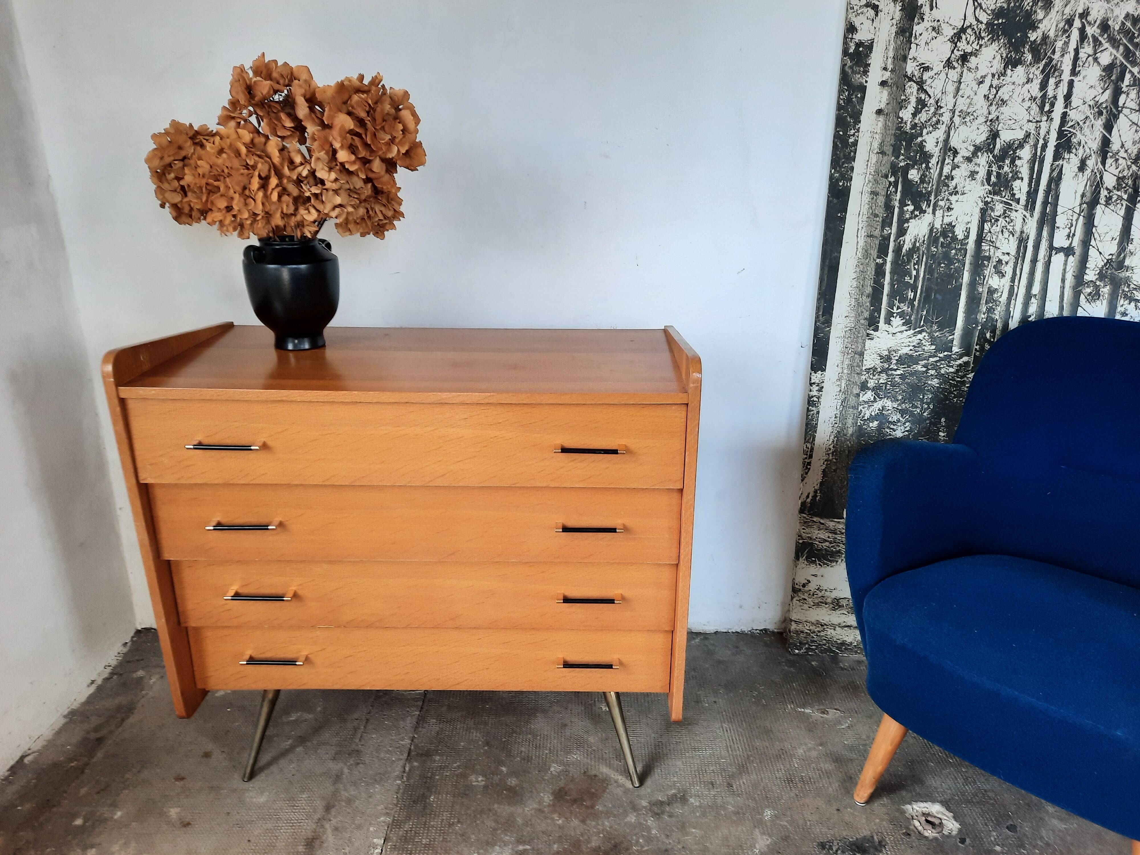 Vintage light oak chest of drawers, brass base