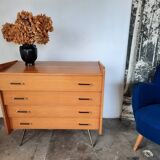 Vintage light oak chest of drawers, brass base