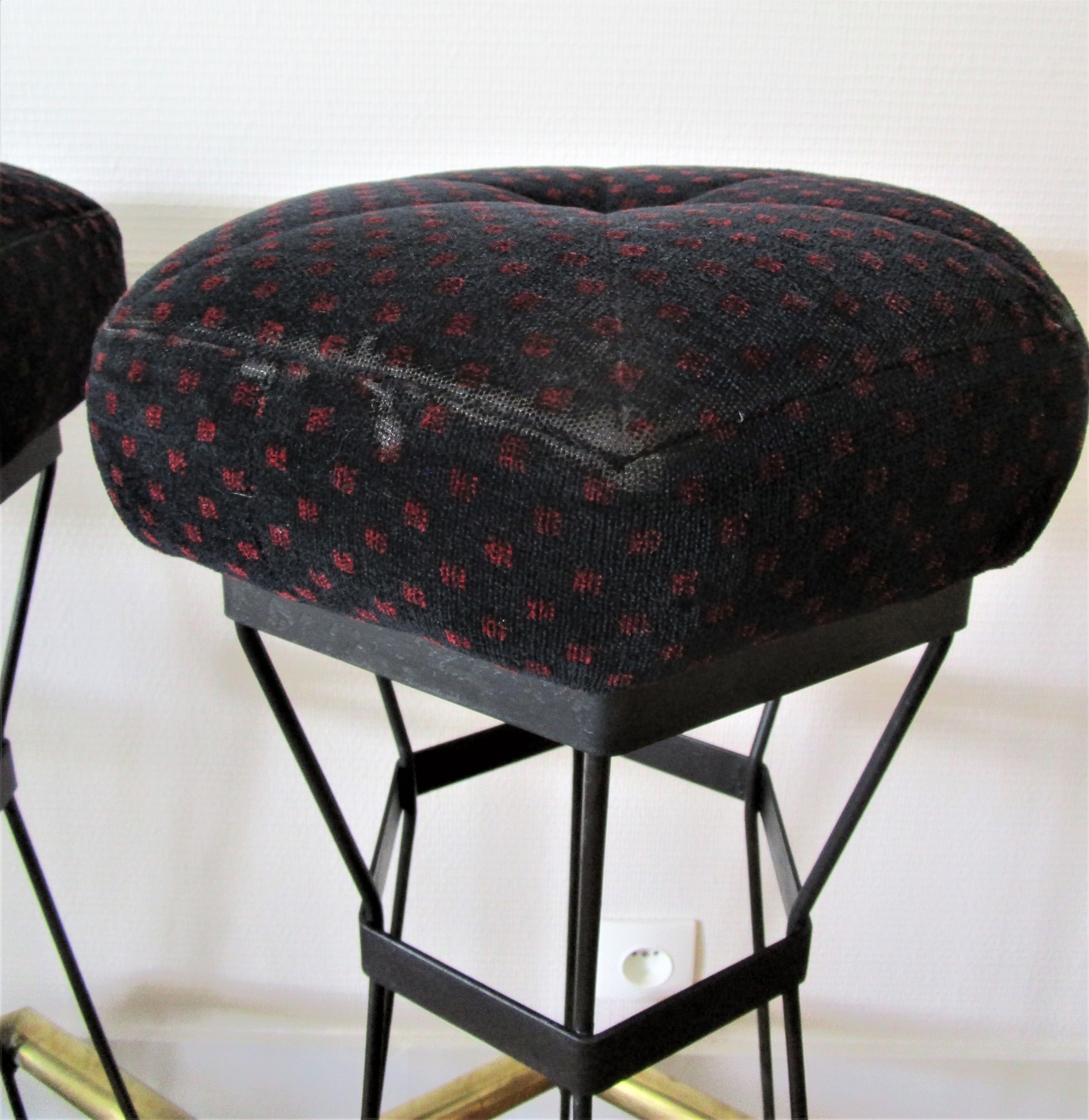 Five brass bar stools and vintage black metal 80s