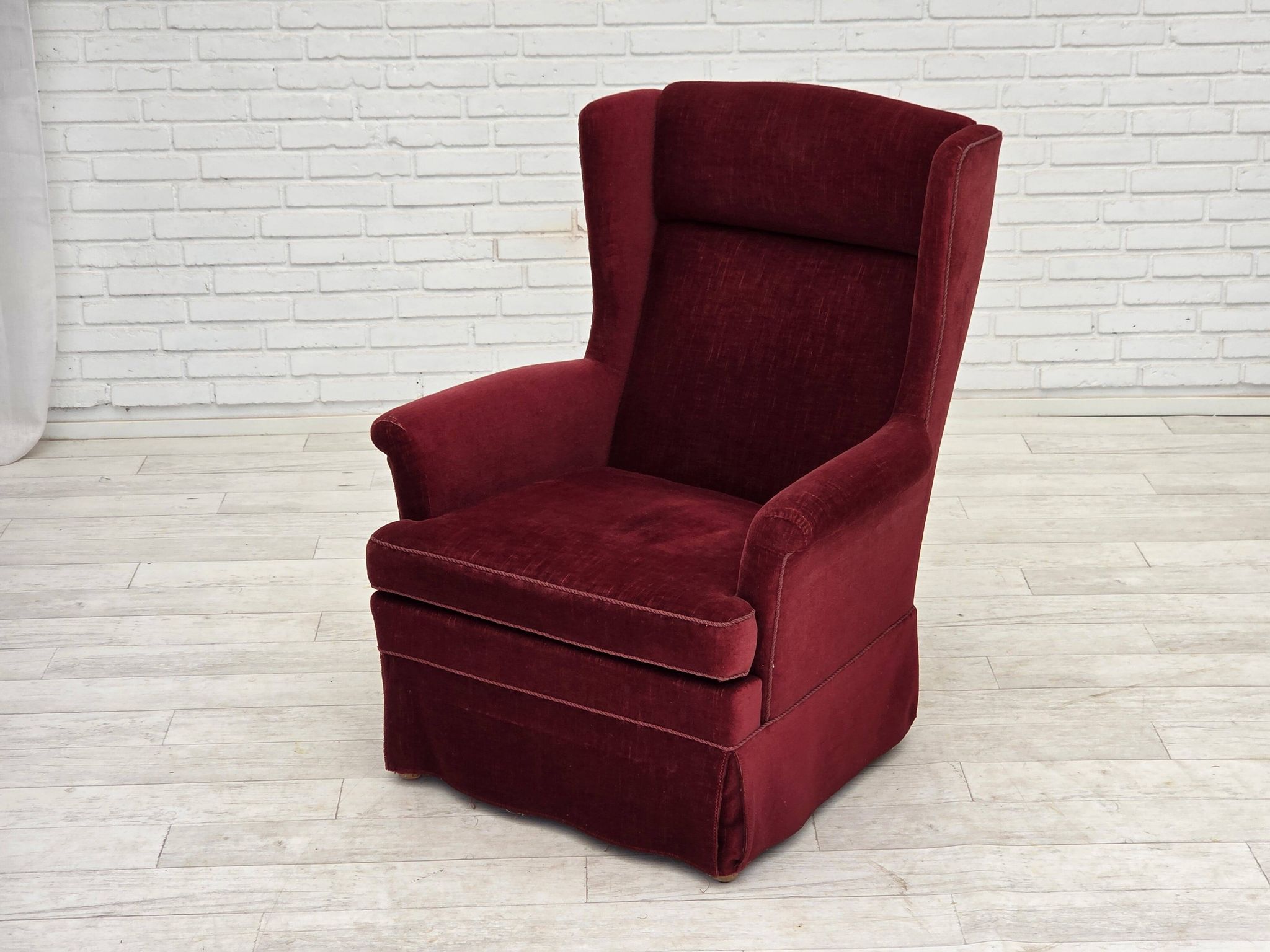 1970s, Danish highback chair, cherry-red furniture velour, ash wood legs.