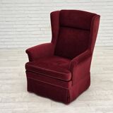 1970s, Danish highback chair, cherry-red furniture velour, ash wood legs.