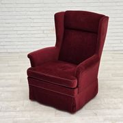 1970s, Danish highback chair, cherry-red furniture velour, ash wood legs.